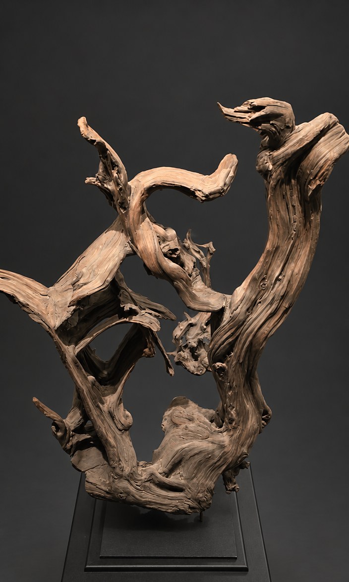 Voyager (AF-OC-010), a naturally formed wood sculpture, 112 cm high × 90 cm wide, on its original black steel mount